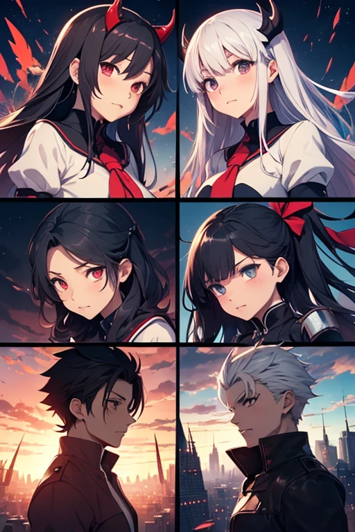Split in the middle,Screen Split,Anime characters in a split image on a red and blue background, Gap Moe Yandere Grimdark, Anime Moe Art Style, From desire, The charming Ryuko Matoi, ryuko matoi, Devil Anime Girl, Favorite character, anime style like fate/Stay Night, Blue and Red, UFOTABLE art style, The battle between good and evil,Cure Sky,Dark Sky