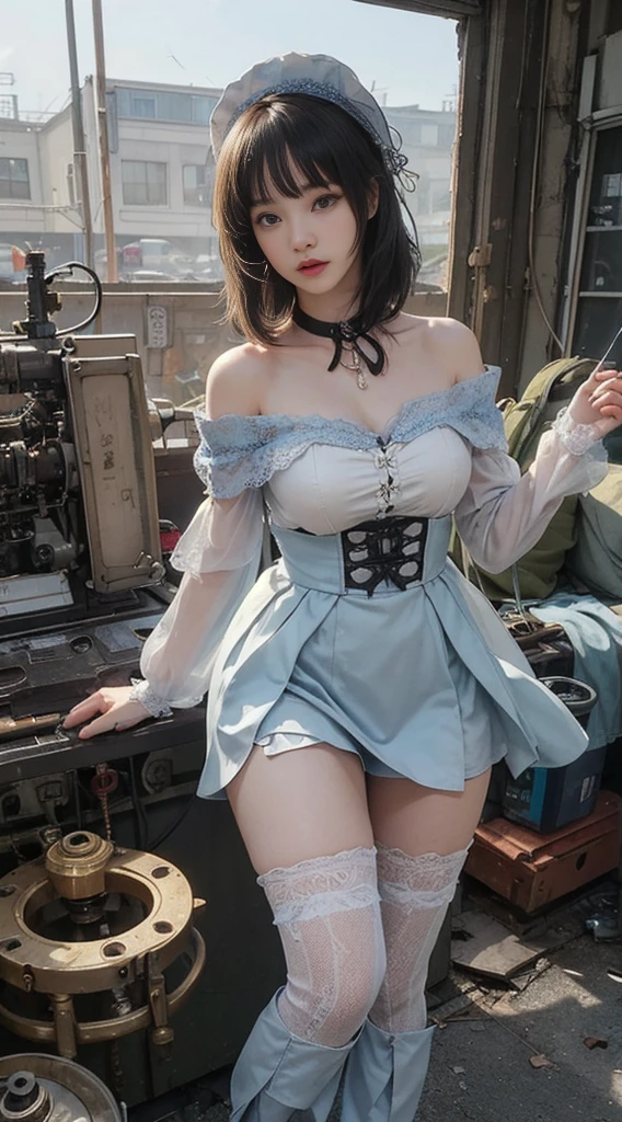 (((masterpiece,Highest quality,overtake詳細))),1 Busty Woman,Fat Girl,overtake,Large cleavage,Thin waist and wide hips,(((Very plump figure))),(((long,overtake粗小腿))),(((light blue short bob,thick fluffy bangs)) ),(((The facial details are very rich and beautiful))),No makeup,Small and thin nose,Thin mouth and small lips,(((very focused eyes))),Precise light gray eyes,Big seam,sparkle like a gem,long睫毛、((Highly decorative and complex mechanical steampunk fashion、overtake低胸、exposed、lace flare miniskirt、Over-the-knee lace socks、Lace Off Shoulder Lolita Fashion、Overly embellished fashion))、abandoned night、Complex mechanized steampunk factory catches fire and explodes、(((Overall accuracy has been significantly improved,創建了overtake級詳細和逼真的圖像))),overtake逼真的照片,Beautiful girl working in factory