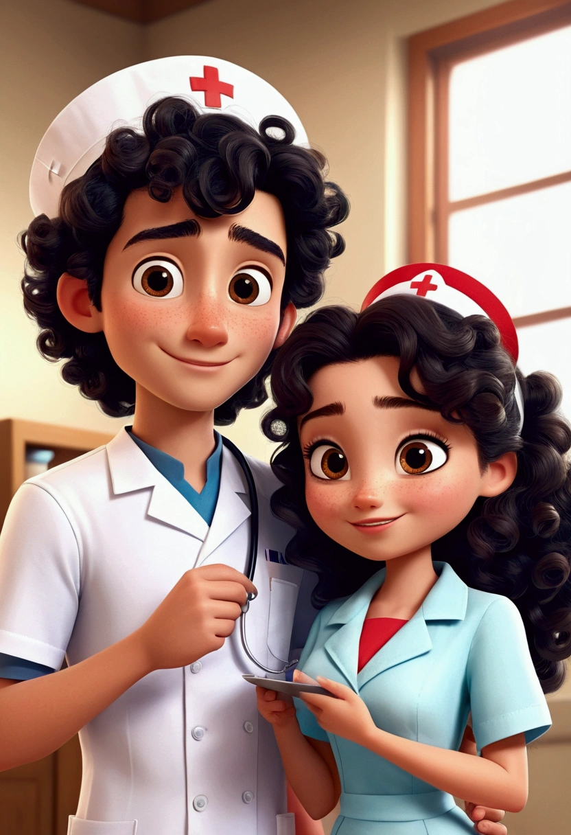 A Disney Pixar style couple, high quality, brown hair nurse woman (curly black hair boy)