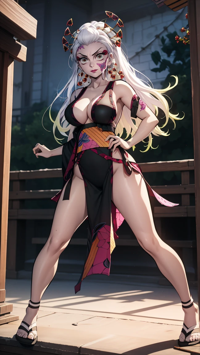 One Demon Girl, looks at the camera, Portrait of a girl, Beautiful waist, night, ancient japan, very sexy, grin, fangs, mouth open, fighting stance, dynamic pose, fangs, smile, White hair, Erotica, very sexy, beautiful body is completely visible, masterpiece, Best quality, full length (Full body 1.1.), Beautiful waist, good feet, high quality, long hair, White hair с зелеными кончиками. Highly detailed face, depth of field, HDR, very detailed, Ray tracing, whole body, dark fantasy, Demon's tattoo, very beautiful, Beautiful ., 1 girl, solo, I look at the viewer, black hair, hair ornament, Jewelry, closed mouth, green eyes, yellow eyes, japanese clothes, kimono, draw up, pomade, slit pupils, Brilliant eyes, wicked, Red lips, hair stick