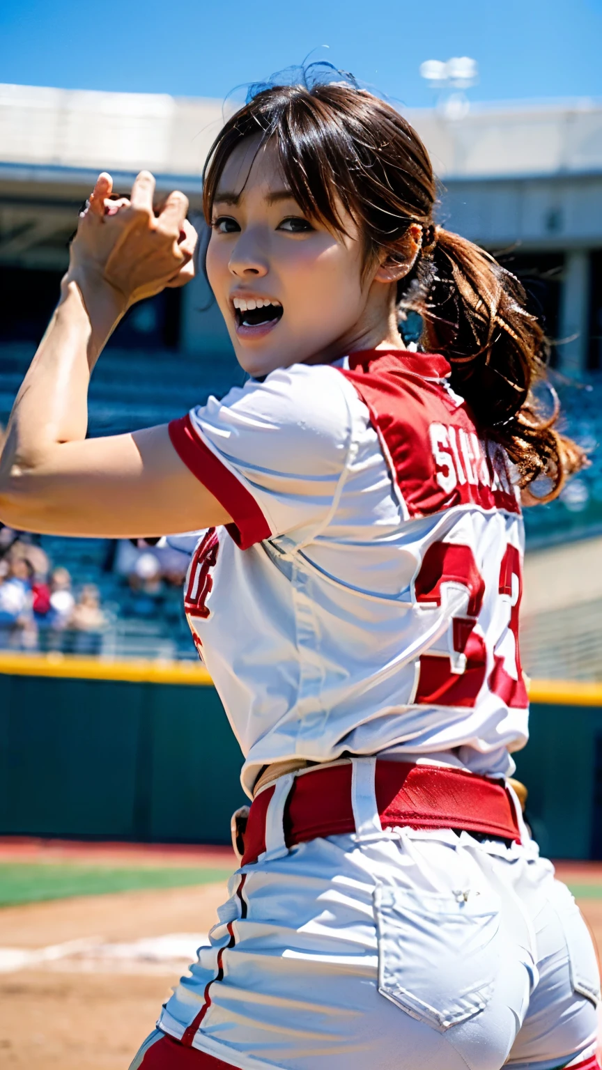 (((First Person))),(((Perfect anatomy, carefully drawn limbs with perfect joints and no excess or deformities))),(((The grandstands are filled with spectators))),The enthusiastic crowd roars,(((On the field of a softball stadium filled with enthusiastic spectators, a beautiful softball player with outstanding style stands in the batter's box with a serious look in her eyes))),(((The softball uniform, with a short-sleeved, collarless shirt with a large number on the back and the bottoms tucked into shorts and a belt, is々Shii,Wear softball socks and spikes))),(((Capture the powerful moment when you step up to bat and swing with all your might in a full-body snapshot))),Speed,body幹の強い低い姿勢,Speed,(Capture the essence of the movement and the moment of the play),((The audience roars at the wonderful play of a beautiful softball player wearing a red uniform and shorts on a white background),(((With a serious look on his face, he holds a softball helmet and a metal bat.,打席でバットを振ってヒットする瞬間の動きの本質を捉えた4K full body shot from the side)),All in one,Gritting teeth,Sharp step,(Skin Dentition:1.5),Realistic and realistic,(masterpiece:1.5),(((Sports concept art))),Intricate details,Highly detailed and realistic,Octane Rendering,4k quality,(Sports Real Engine),Dynamic pose,4K Top Quality,High resolution,(Realistic Face:1.1),(Surreal:1.1), ((full_body)),((Expressing the dynamism that emanates from the whole body)),(((He has a slim, muscular body, but his strong legs and slim waist make him look very stylish.))),(4K full body shot from the side),(Shiny skin:1.2),(((Hairstyle))),(((Perfect hands))),(Highly detailed background),((整備された美Shii芝が張られたピッチに観客で一杯のスタジアムの背景が壮観)),A crucible of cheers and excitement,((Beauty condensed in 1girl)),((光を蓄えた美Shii瞳)),(Shiho wearing a necklace),(((滴る大量の汗が眩Shii))),(The short bob flows with your movements.),casting ,((Dramatic beauty)),披写界深度の深い美Shiiボケ,4K,Gothic,4K Digital SLR Camera,Fujifilm XT3 style,(Saiharu Body),(Delicate eyes and face),Professional Perspective,素晴らShiiディテール,(1girl condenses exceptional beauty),繊細でHigh noseを持つ美Shii顔,High nose, Clear chestnut eyes that glorify the light, Glossy red lips, light makeup,