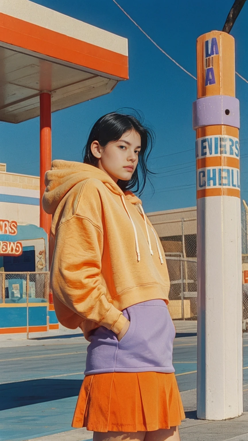 (medium shot portrait) one of cute 23 yo girl ,wear ((orange color oversized_hoodie)), wear ((purple tennis skirt)),looking front,Best Quality,Masterpiece,Ultra High Resolution,(Realisticity:1.4),Original Photo, 1Girl, light leak,ultra high resolution,UHD,beautiful, (black straight hair), almond eye, no makeup, in front of ((80's colorful gas station)), (realistic:1.2), (surreal:1.3), (very detailed:1.1), ((masterpiece)),summer, blue sky, palm trees,sunny, los angles vibes,film camera, 800mm lens,style of Philip Lorca diCorcia