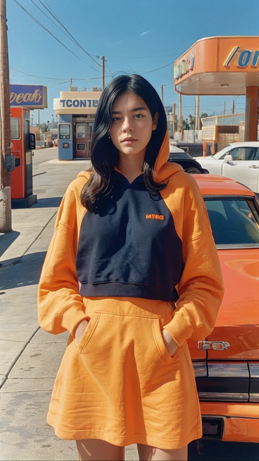 (medium shot portrait) one of cute 23 yo girl ,wear ((orange color oversized_hoodie)), wear ((purple tennis skirt)),looking front,Best Quality,Masterpiece,Ultra High Resolution,(Realisticity:1.4),Original Photo, 1Girl, light leak,ultra high resolution,UHD,beautiful, (black straight hair), almond eye, no makeup, in front of ((80's colorful gas station)), (realistic:1.2), (surreal:1.3), (very detailed:1.1), ((masterpiece)),summer, blue sky, palm trees,sunny, los angles vibes,film camera, 800mm lens,style of Philip Lorca diCorcia