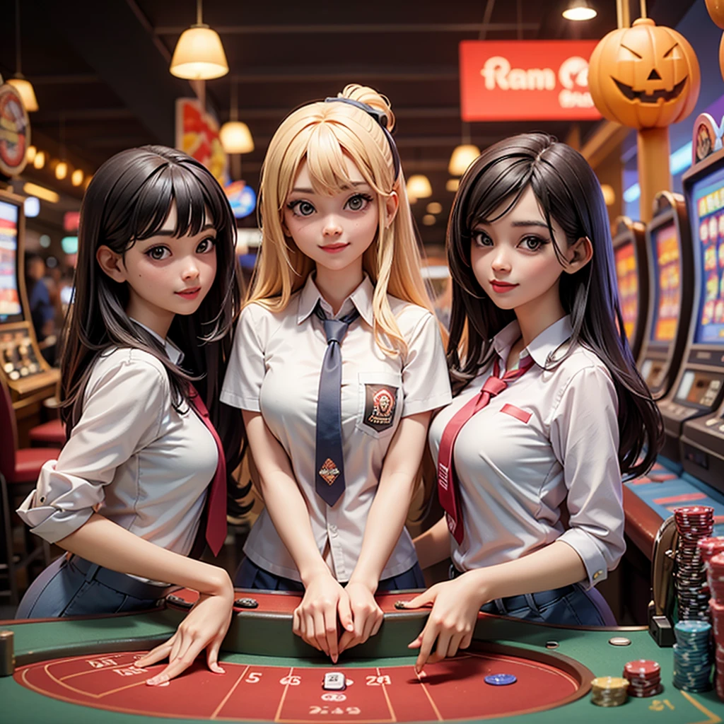 ((best quality)), ((masterpiece)), (detailed), happy and smile, {{indonesian girl}}, {wearing high school uniform}, teasing and waiting customer play, standing, playing in casino, red casino background, polite and kind, Sweet Face, roulette table, poker table, big slot machines right and left, win jackpot, {{no headwear, no hat}}, private casino, crowded gambling area in background, so crowded, so many people, las vegas, american, illusions, halloween casino, dont wear hat, no headwear, no hat, together with thailand and vietnam girl,