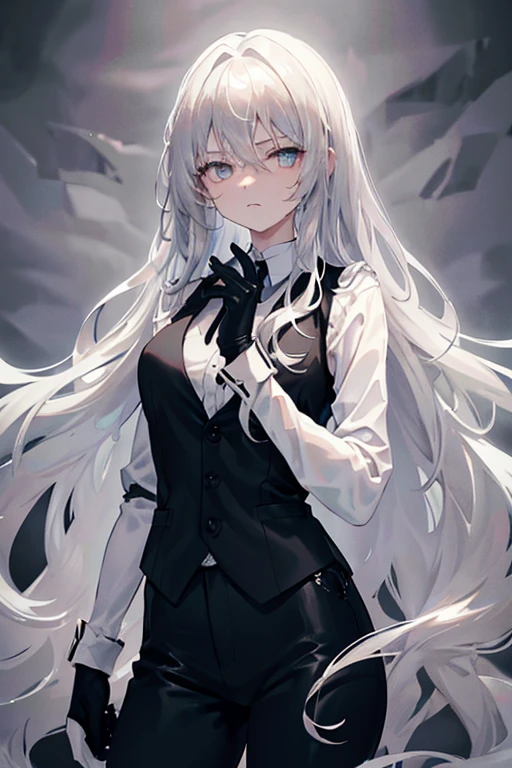 long, wavy silver hair and striking silver eyes. The character's expression is serious and intense. They are wearing black gloves and holding one hand close to their mouth. The outfit is a black vest and a white blouse underneath as well as black pants. The background is a dark, monochromatic gradient, which emphasizes the character's dramatic appearance.