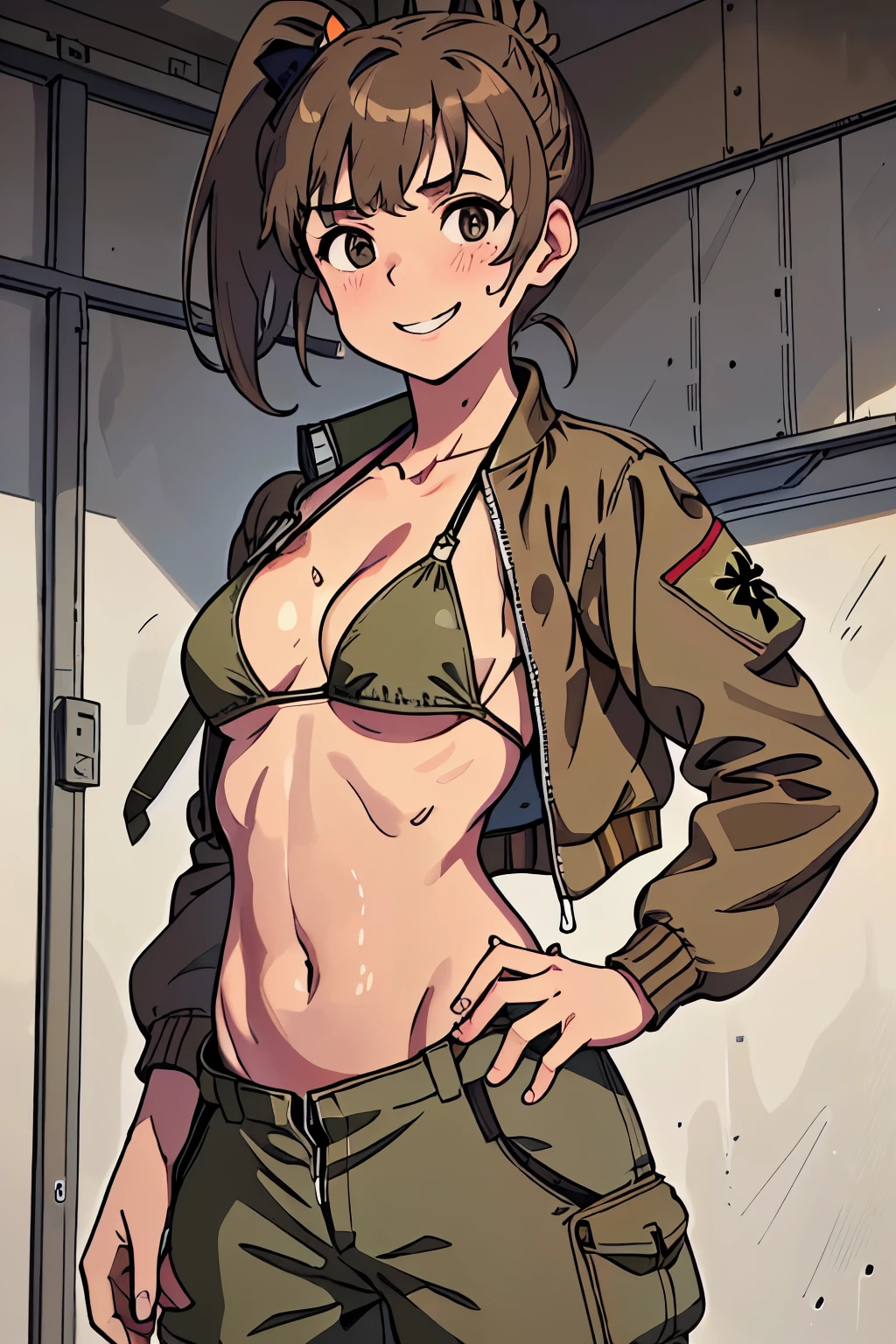 best quality, masterpiece, 1 mechanic girl, smiling, (wearing bikini-top with jacket, khaki cargo pants:1.4), gloves, (light brown ponytail hair with bangs:1.3), (sweating a lot:1.4), (contrapposto, hands down:1.3), factory, (small breast, cleavage, underboob:1.3)