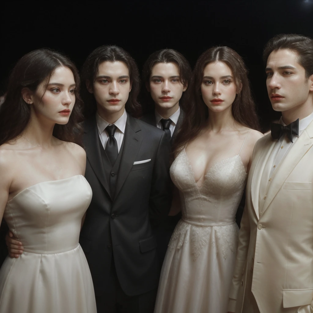 Three men and three women are standing on the opera stage, the three men are wearing black suits and the three women are wearing elegant long white dresses, close up, realistic photo