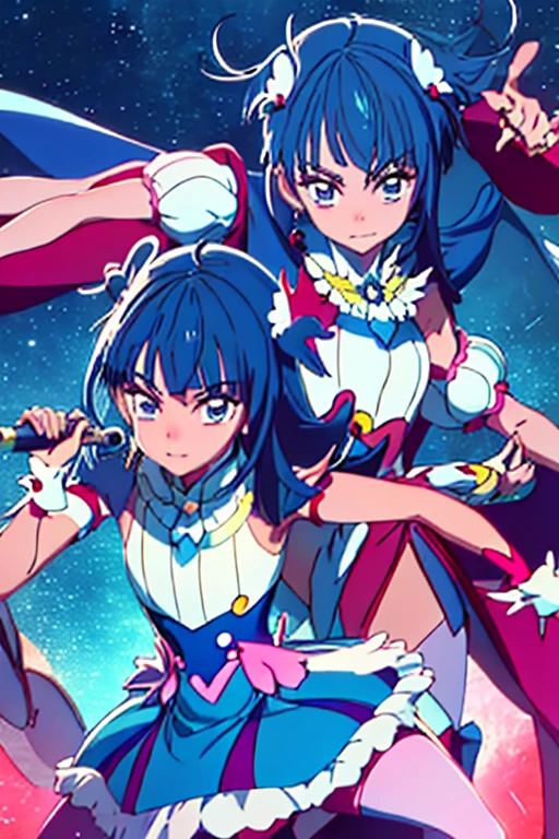 Split in the middle,Screen Split,Anime characters in a split image on a red and blue background, Gap Moe Yandere Grimdark, Anime Moe Art Style, From desire, The charming Ryuko Matoi, ryuko matoi, Devil Anime Girl, Favorite character, anime style like fate/Stay Night, Blue and Red, UFOTABLE art style, The battle between good and evil,Cure Sky,Dark Sky