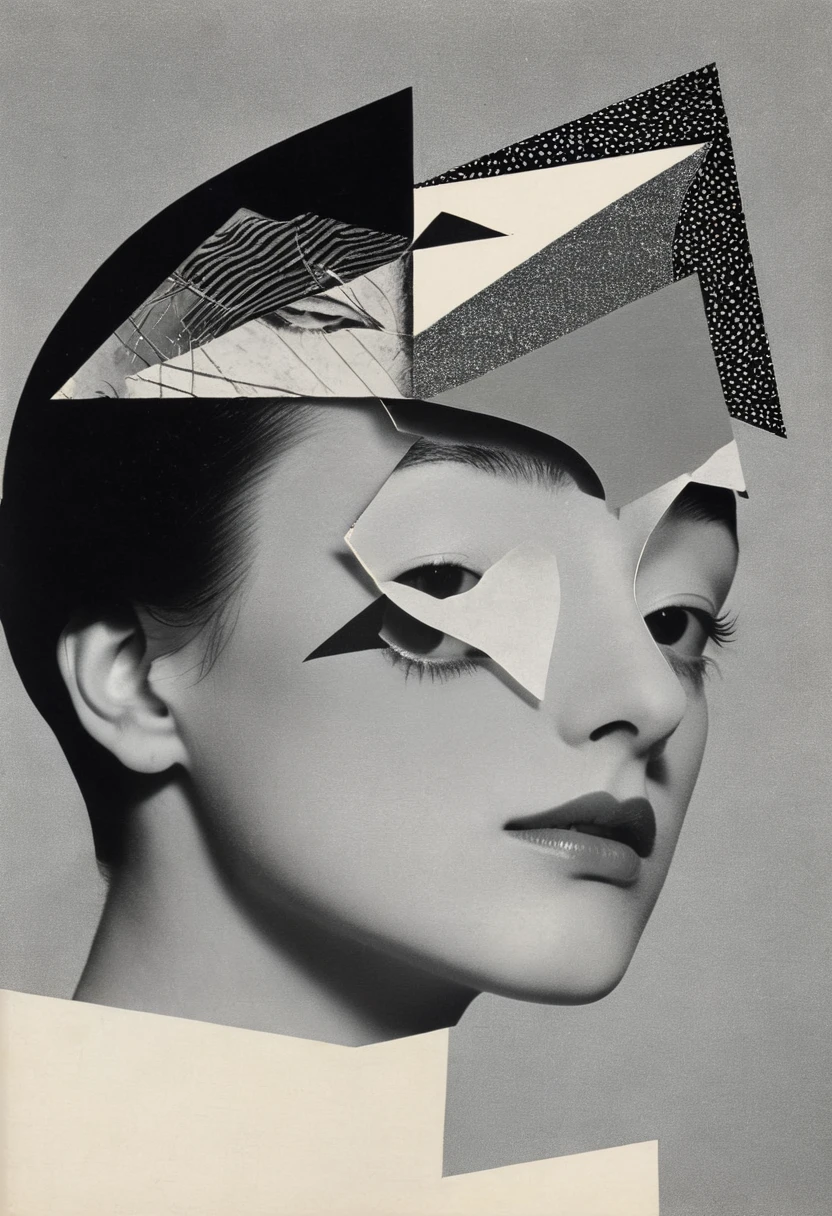 Man Ray：dadaist。Minimalist geometry，Multi-layer collage，Irregularly cropped photos to create a collage，Gray empty