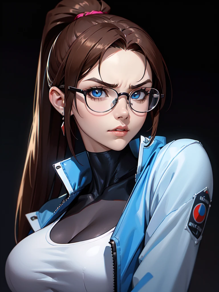 (((Portrait Photo))), She has a Strong and Assertive 18-Year-Old Appearance, with a Strong, Muscular Build, an Athletic Figure, and an Aggressive Demeanor. She has Long, Straight Brown Hair Tied in a High, Oversized Ponytail, with Strands Falling Over Her Forehead. Her Light Blue Eyes Express a Serious and Defiant Look, Giving Off a Self-Confident Attitude. She Wears a Tight White Crop Top, Revealing Her Midriff, Paired with an Open Denim Jacket and Circular Glasses. (((High Quality, Dark Background))), (((Portrait Photo)))