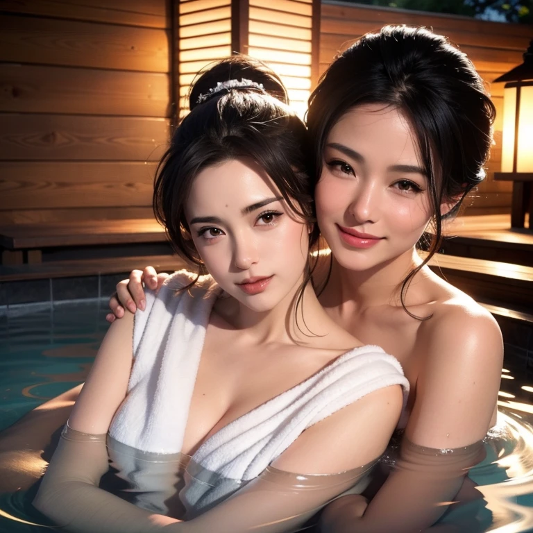 a gorgeous , medium length hair in ponytail, soaking wet, wearing a bath towel, smiling shyly, reddish cheeks, outdoor private onsen, outdoor hot spring, selfie, detailed facial features, beautiful eyes, (best quality,4k,8k,highres,masterpiece:1.2),ultra-detailed,(realistic,photorealistic,photo-realistic:1.37),cinematic lighting, warm color tones, photorealistic