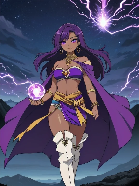 (MasterPiece) (Highly Detailed) (4k), 1female, solo, 25 year old woman, Sorceress, Fantasy, Fantasy setting, (Dark Skin:1.4), Purple eyes, Purple Hair, Long Hair, covered in tattoos, (Wearing: golden hooped earrings, purple strapless top, purple cape, loincloth, golden bracelets, golden knee high boots:1.2), looking at viewer with an amused smile, fierce and confident posture, both hands glowing bright purple, purple magic, bright purple sparks in both hands, expressive expression, dark and mysterious aura, complex eye makeup, mystical energy radiating from her hands, electric purple orbs swirling around her, (Night time, ethereal and magical atmosphere, outdoors, dark clouds in the sky, purple lighting, purple and magenta aroura's in the surroundings, gorgeous view of the mountains)
