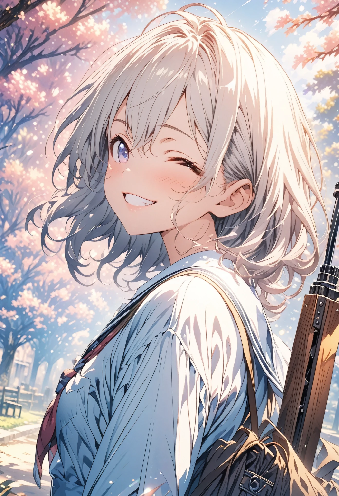 masterpiece, Highest quality, Highly detailed CG Unity 8K wallpapers, High School Girl Anime Illustration. Wearing 、With a long rifle。 she has her eyes closed and mouth open, smile. The background is a light pastel colored landscape
