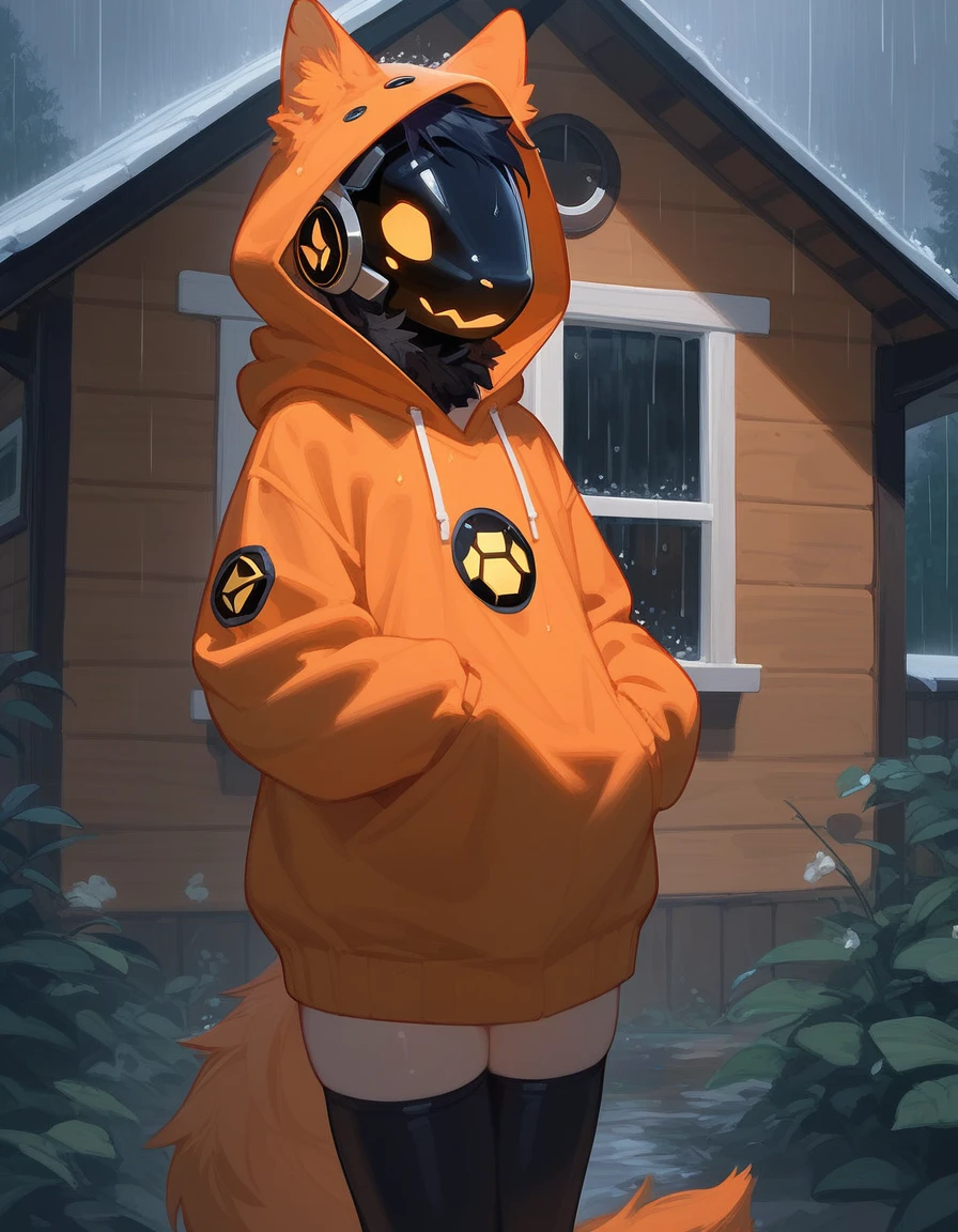 Protogen, protogen face, male, femboy, light, black orange fur try body, cute orange tail, oversized beige hoodie, in a cozy log cabin, raining, nighttime, black thigh highs, solo:1.3, realistic, hyper detailed, unreal engine, standing, on his hands and knees, close up,