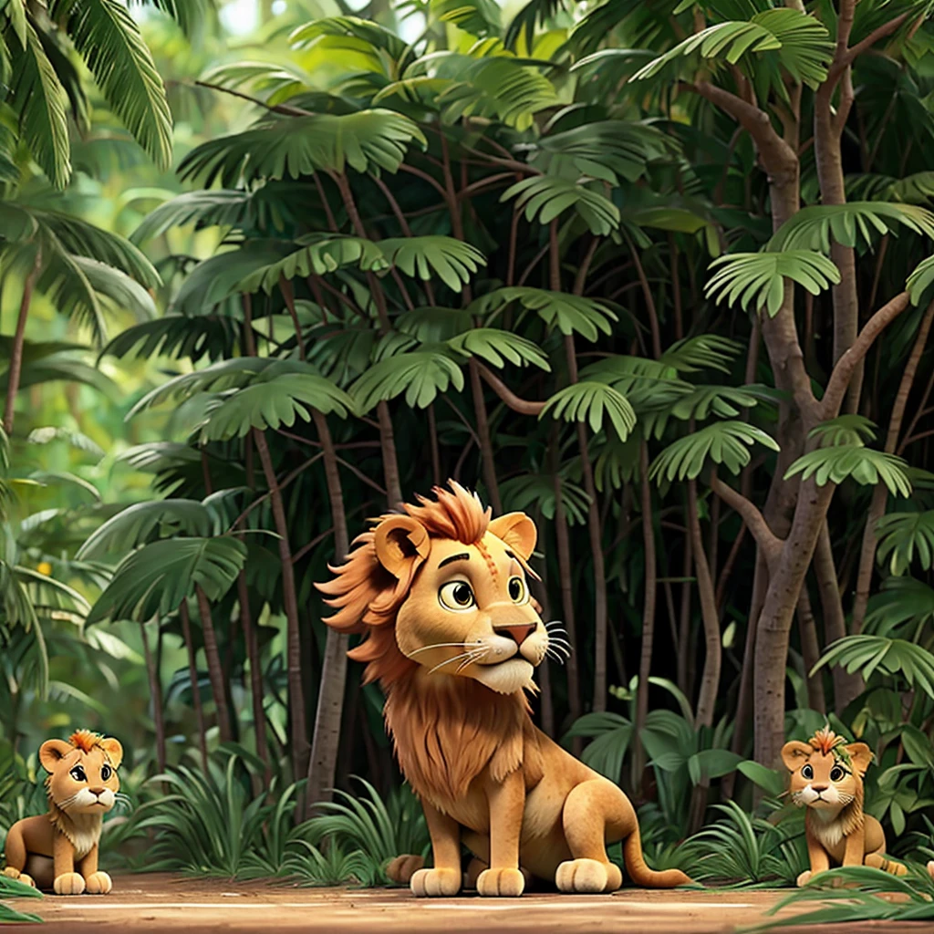 The lion Miguel in the jungle wounded. Leon Miguel is green 