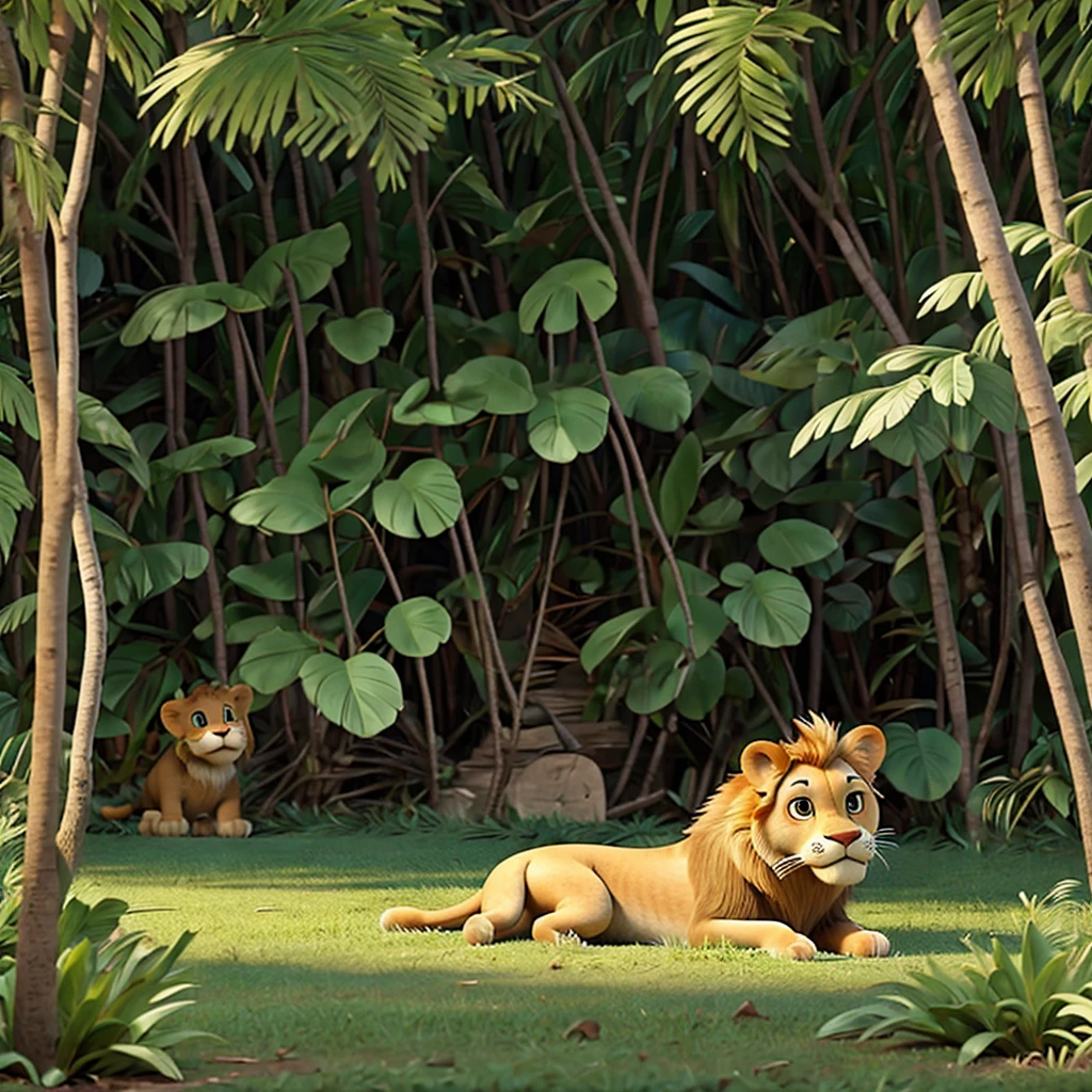 The lion Miguel in the jungle wounded. Leon Miguel is green 