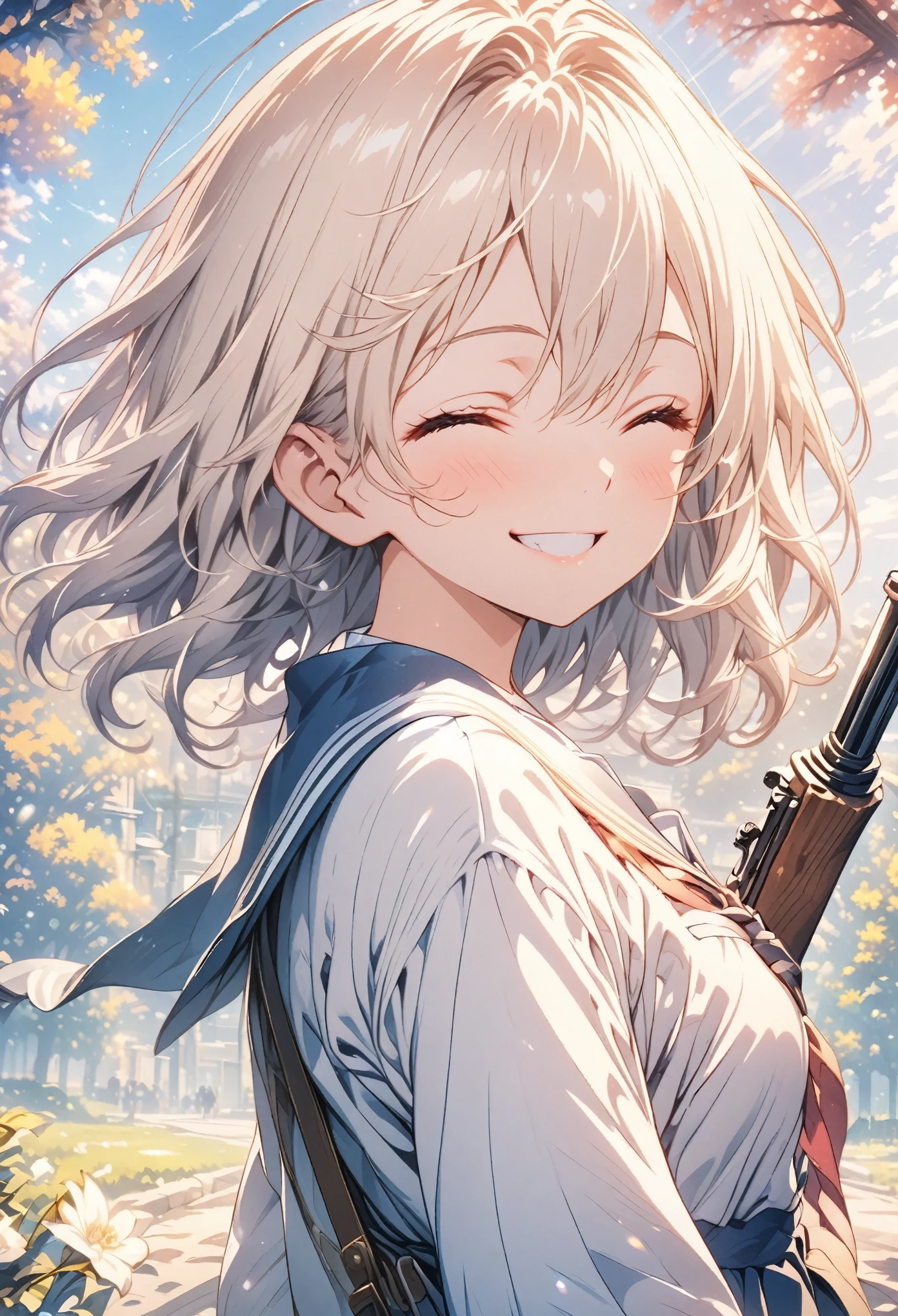 masterpiece, Highest quality, Highly detailed CG Unity 8K wallpapers, High  Girl Anime Illustration. Wearing 、With a long rifle。 she has her eyes closed and mouth open, smile. The background is a light pastel colored landscape