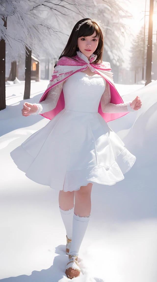 a beautiful young woman running in the snow, wearing a ****ta dress and a cape, (best quality, 4k, 8k, highres, masterpiece:1.2), ultra-detailed, (realistic, photorealistic, photo-realistic:1.37), HDR, studio lighting, extreme detail description, vivid colors, fantasy, concept art