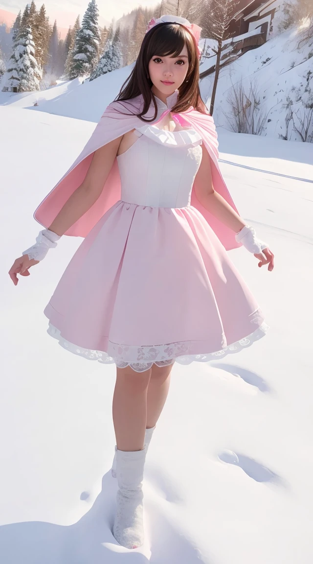 a beautiful young woman running in the snow, wearing a ****ta dress and a cape, (best quality, 4k, 8k, highres, masterpiece:1.2), ultra-detailed, (realistic, photorealistic, photo-realistic:1.37), HDR, studio lighting, extreme detail description, vivid colors, fantasy, concept art