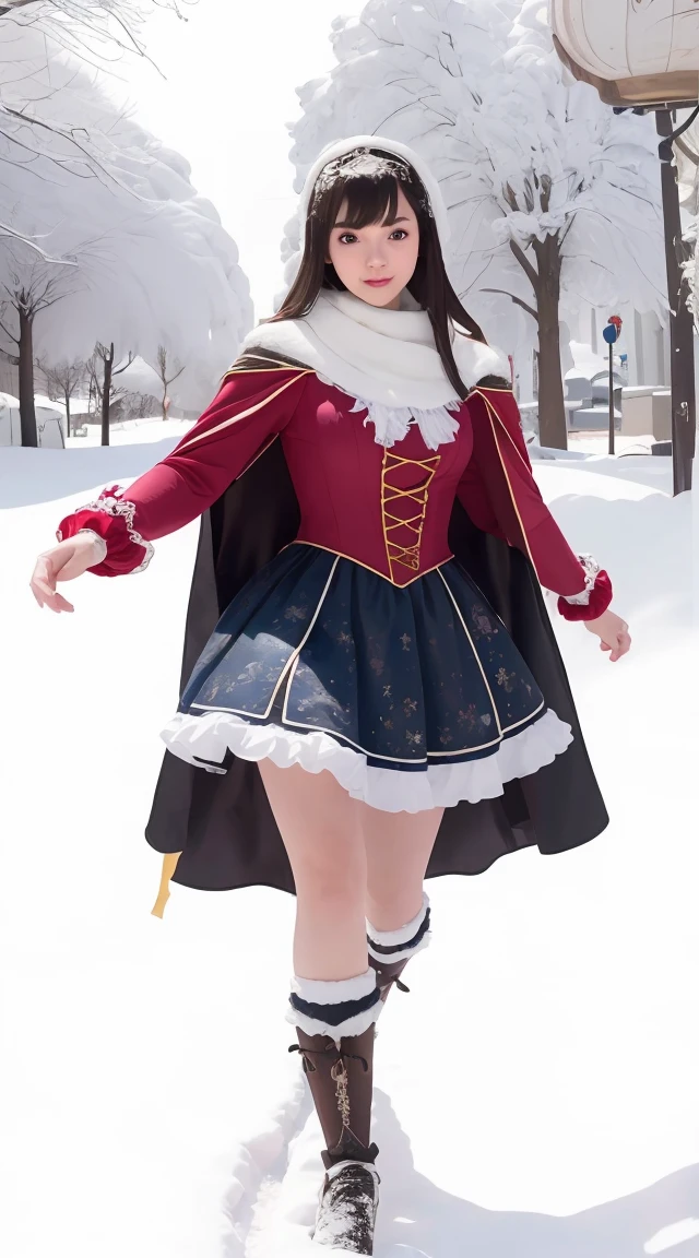 a beautiful young woman running in the snow, wearing a lolita dress and a cape, (best quality, 4k, 8k, highres, masterpiece:1.2), ultra-detailed, (realistic, photorealistic, photo-realistic:1.37), HDR, studio lighting, extreme detail description, vivid colors, fantasy, concept art