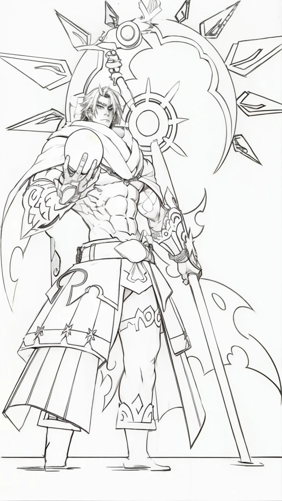 Colourful Anime Drawing , A muscular physique man in warrior outfits , holding a ball of light and large intricate spear