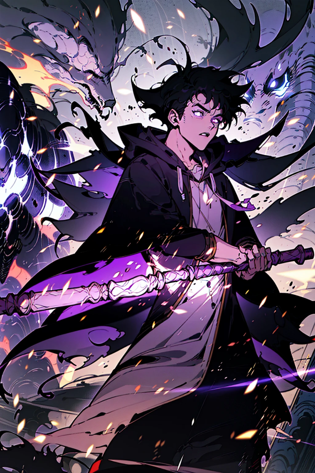 ((illustration)), (best quality)), ((masterpiece)), (detailed), ((front view)) anime, adult, male, dark hair, glowing eyes, white mage, combat boots, magic staff, arcane book, multiple belts, hoodie cloak, upper body, shadowarmy