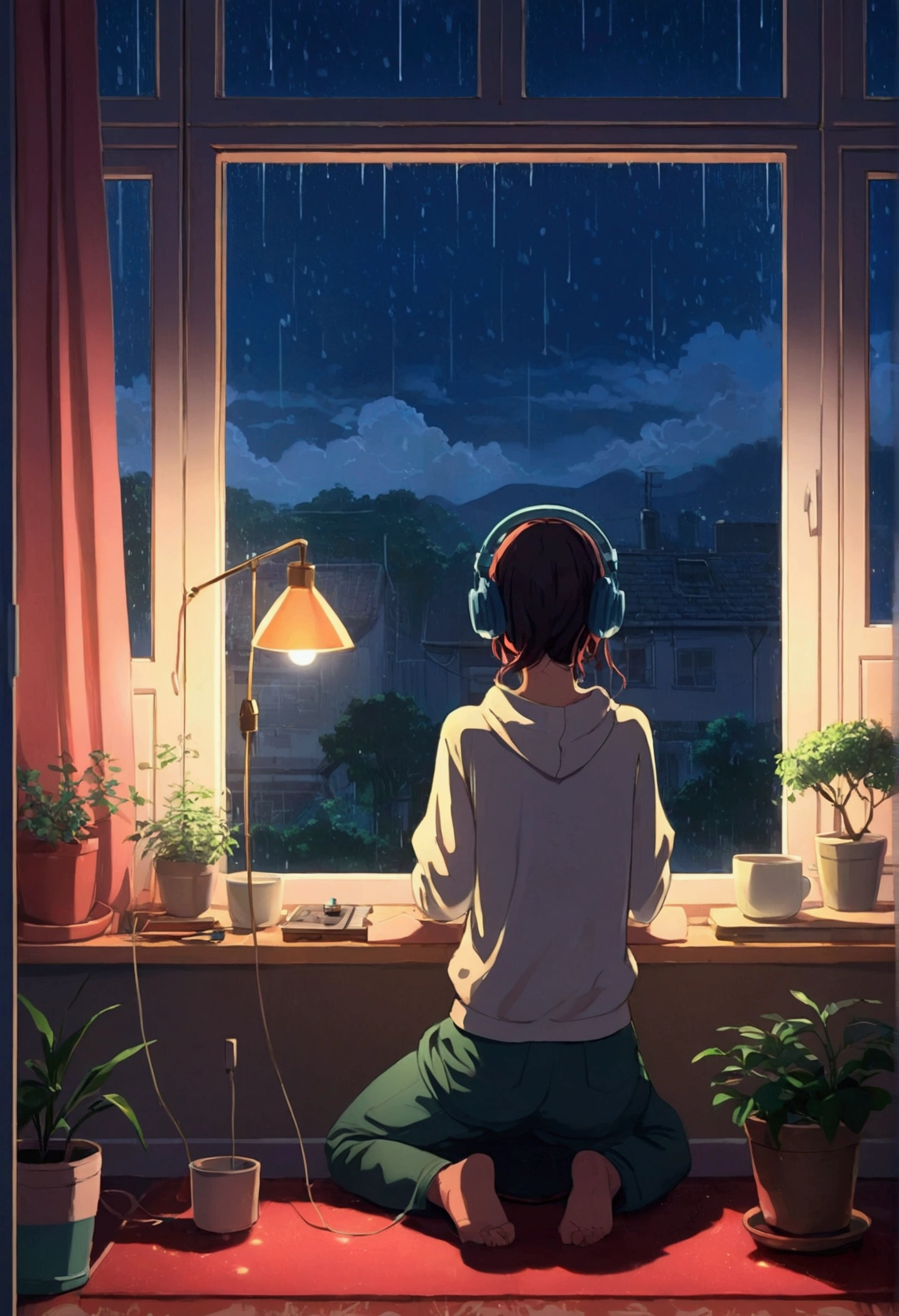 night、Girl listening to music in a cozy room, Use headphones, 2D Style Anime, Lo-Fi, Rain outside the window、Analog Color Theme、Ghibli style、