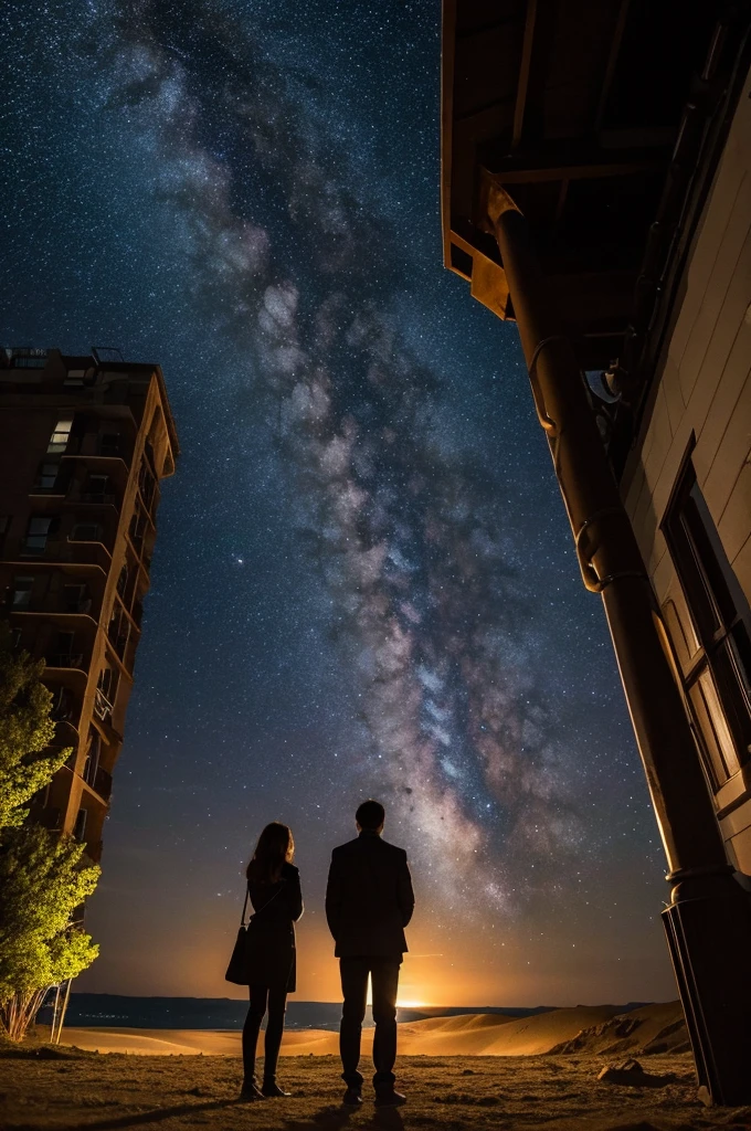 Shadows of men and women gazing at the starry sky