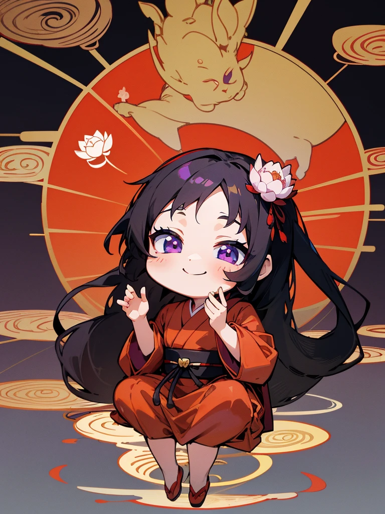 Buddha, rabbit ears, Black long hair, Red Japanese pattern dress, portable shrine, 聖なる青い炎, lotus flower field, purple eyes, smile, Japanese flag
, lotus bouquet, paradise, Rose hair ornament.Gold Screen Chibi Maruko-chan