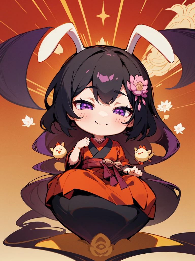 Buddha, rabbit ears, Black long hair, Red Japanese pattern dress, portable shrine, 聖なる青い炎, lotus flower field, purple eyes, smile, Japanese flag
, lotus bouquet, paradise, Rose hair ornament.Gold Screen Chibi Maruko-chan