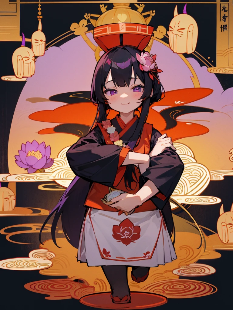 Buddha, rabbit ears, Black long hair, Red Japanese pattern dress, portable shrine, 聖なる青い炎, lotus flower field, purple eyes, smile, Japanese flag
, lotus bouquet, paradise, Rose hair ornament.Gold Screen Chibi Maruko-chan