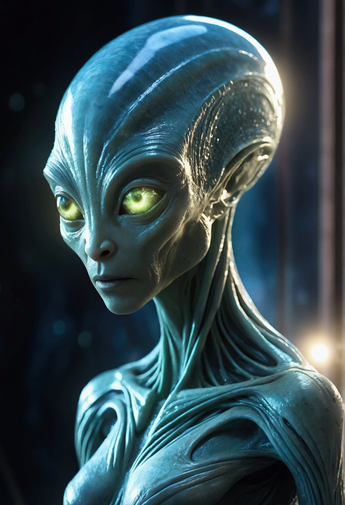 Fanchar, Translucent ethereal alien with delicate features in a sci-fi background, Glow from the inside out, Sparks and lights, moonlight, moon, close up, Practical, Very detailed, complex，Spotlight