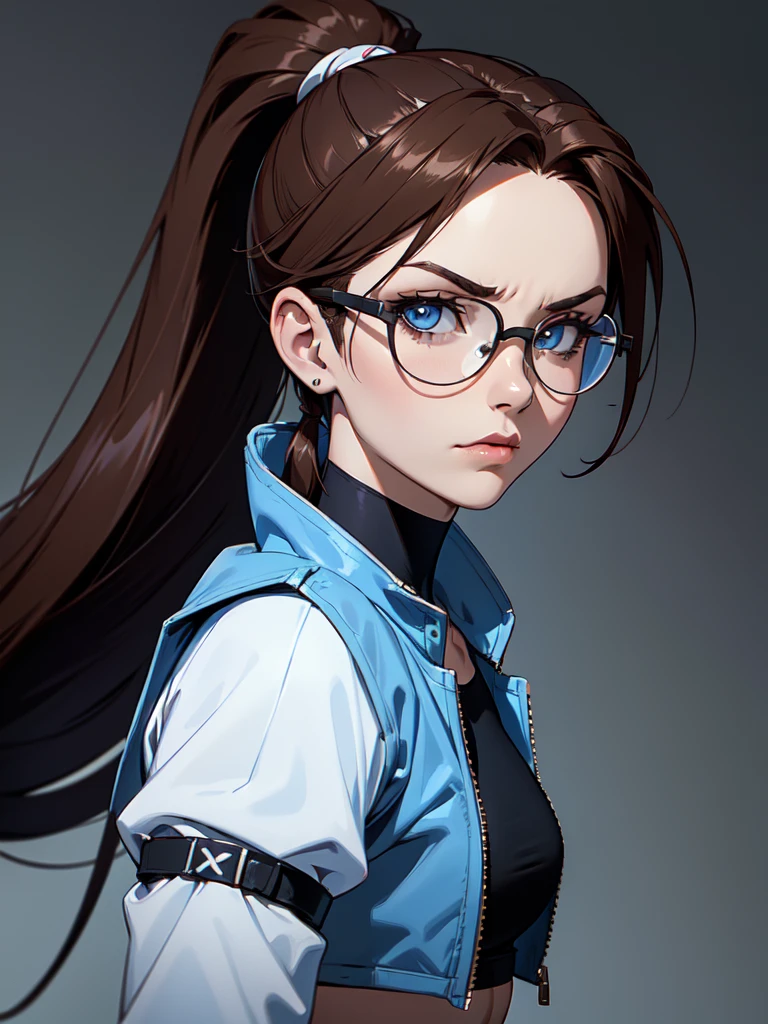 (((Portrait Photo))), She has a Strong and Assertive 18-Year-Old Appearance, with a Strong, Muscular Build, an Athletic Figure, and an Aggressive Demeanor. She has Long, Straight Brown Hair Tied in a High, Oversized Ponytail, with Strands Falling Over Her Forehead. Her Light Blue Eyes Express a Serious and Defiant Look, Giving Off a Self-Confident Attitude. She Wears a Tight White Crop Top, Revealing Her Midriff, Paired with an Open Denim Jacket and Circular Glasses. (((High Quality, Dark Background))), (((Portrait Photo)))