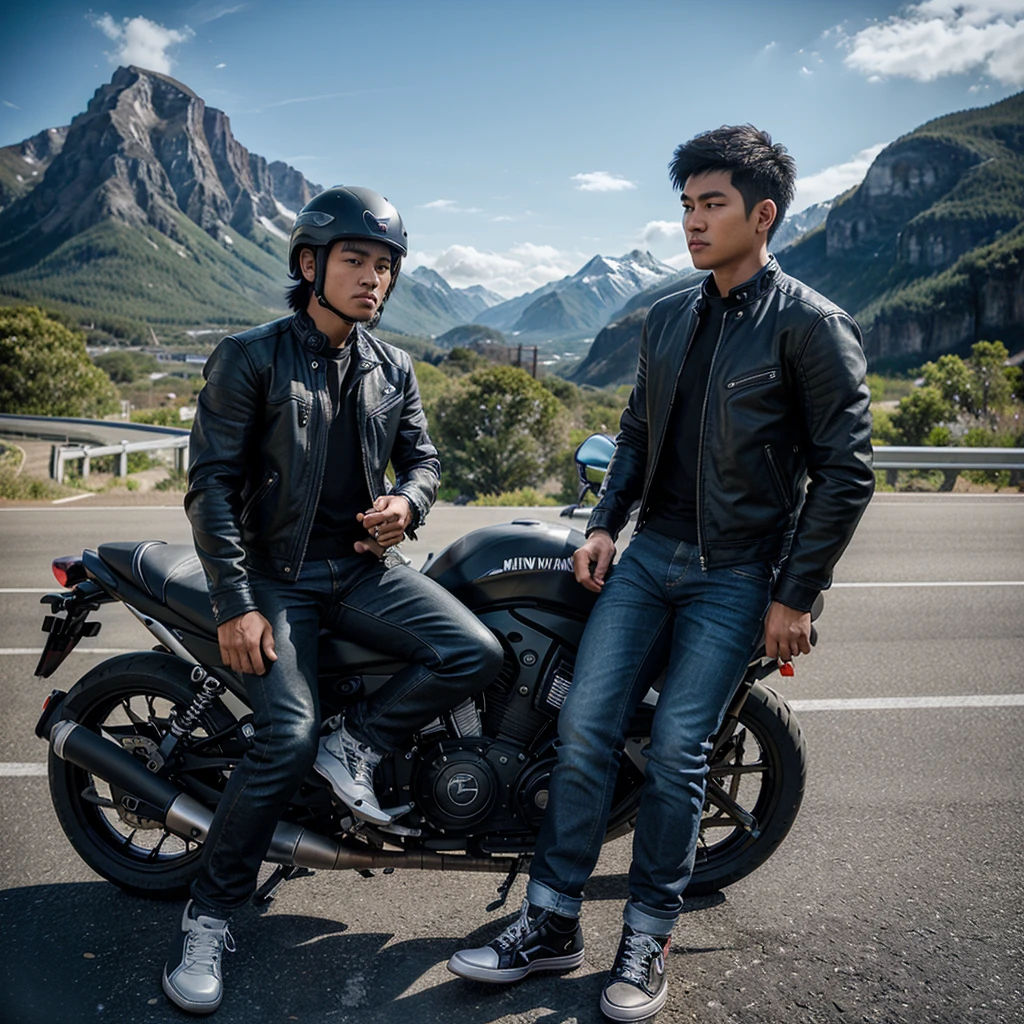 A highly detailed ultra realistic photography of filipino guy wearing black leather jacket,denim pants and converse highcut shoes. Holding a black EVO helmet, sitting on his black YAMAHA NINJA Bigbike motorcylce. In a background of highway with mountain view.