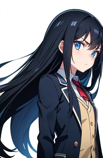 standing, from front, cowboy shot,one girl, Black hair, long hair, straight hair,Blue eyes, white skin, worried, teenager, high school girl, , jacket/blazer, slim, looking at viewer, white background