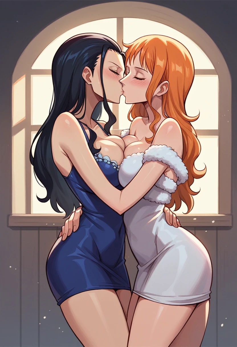 2girls, art by Eiichirio Oda, moonlit night, hotel room, dark ambient, nico robin wearing a very short party dress which is chest revealing, nico robin's dress is falling off from shoulder, nico robin is held against the wall standing by nami, they are kissing each other