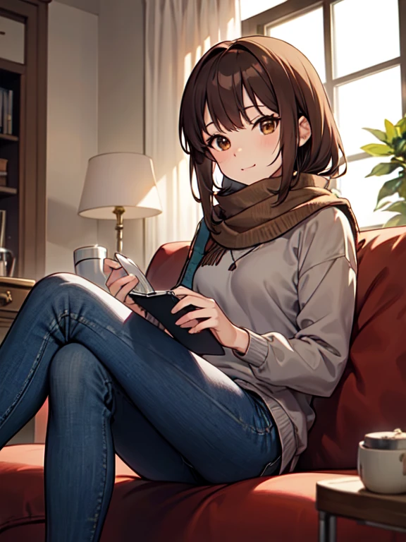 bell, anime, Brown hair, medium breast, Brown eyes, slight smile, jeans, scarf, gray sweatshirt, blue pants, sitting, legs crossed, Inside the smart home, sitting on the couch, Assad Sino&#39;s face, anime Sword Art Online, Best quality