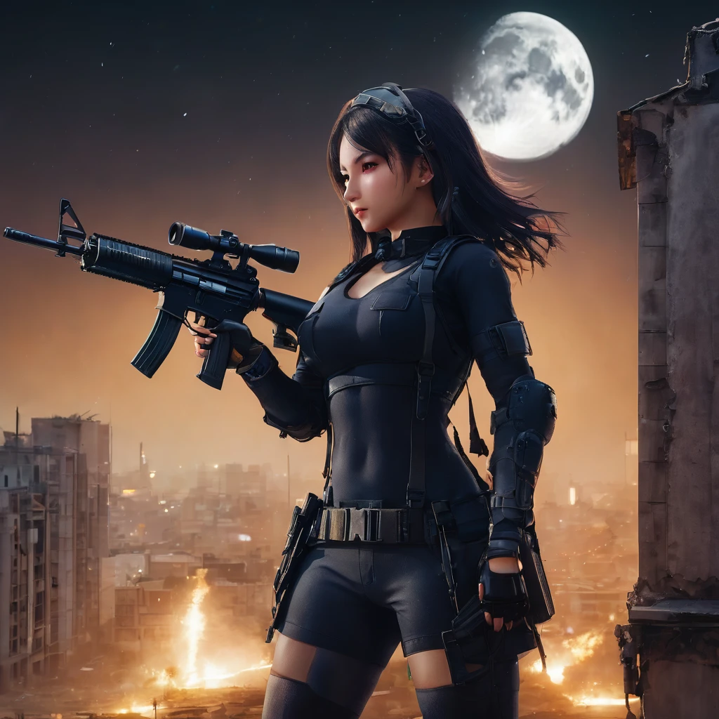 Highest quality, Highest quality, 16K, Unbelievably absurd, Very detailed, delicate and dynamic, Natural light, The particles reflect light, Diffuse reflection of light, Vortex of Light, war zone, bombs blusting around, dark outfield, ruined big city, roof top of ruined building, moon night, milky way, illumination, Create amazing image effects, Upper body close-up, (sole sexy girl, big Firm bust, , powerful, A professional sniper,, shooting a target with M16 auto rifle, swat uniform,)
