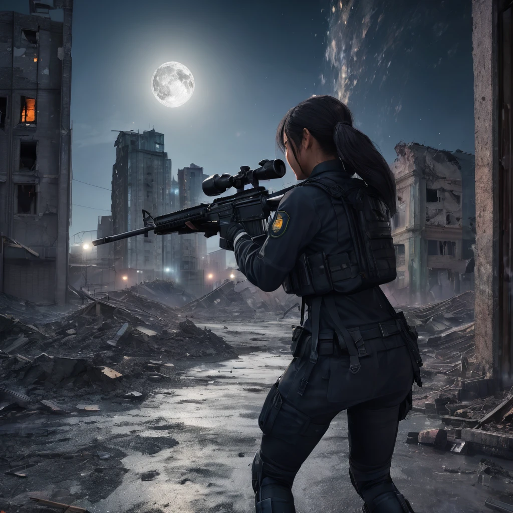 Highest quality, Highest quality, 16K, Unbelievably absurd, Very detailed, delicate and dynamic, Natural light, The particles reflect light, Diffuse reflection of light, Vortex of Light, war zone, bombs blusting around, dark outfield, ruined big city, roof top of ruined building, moon night, milky way, illumination, Create amazing image effects, Upper body close-up, (sole sexy girl, big Firm bust, , powerful, A professional sniper,, shooting a target with M16 auto rifle, swat uniform,)

