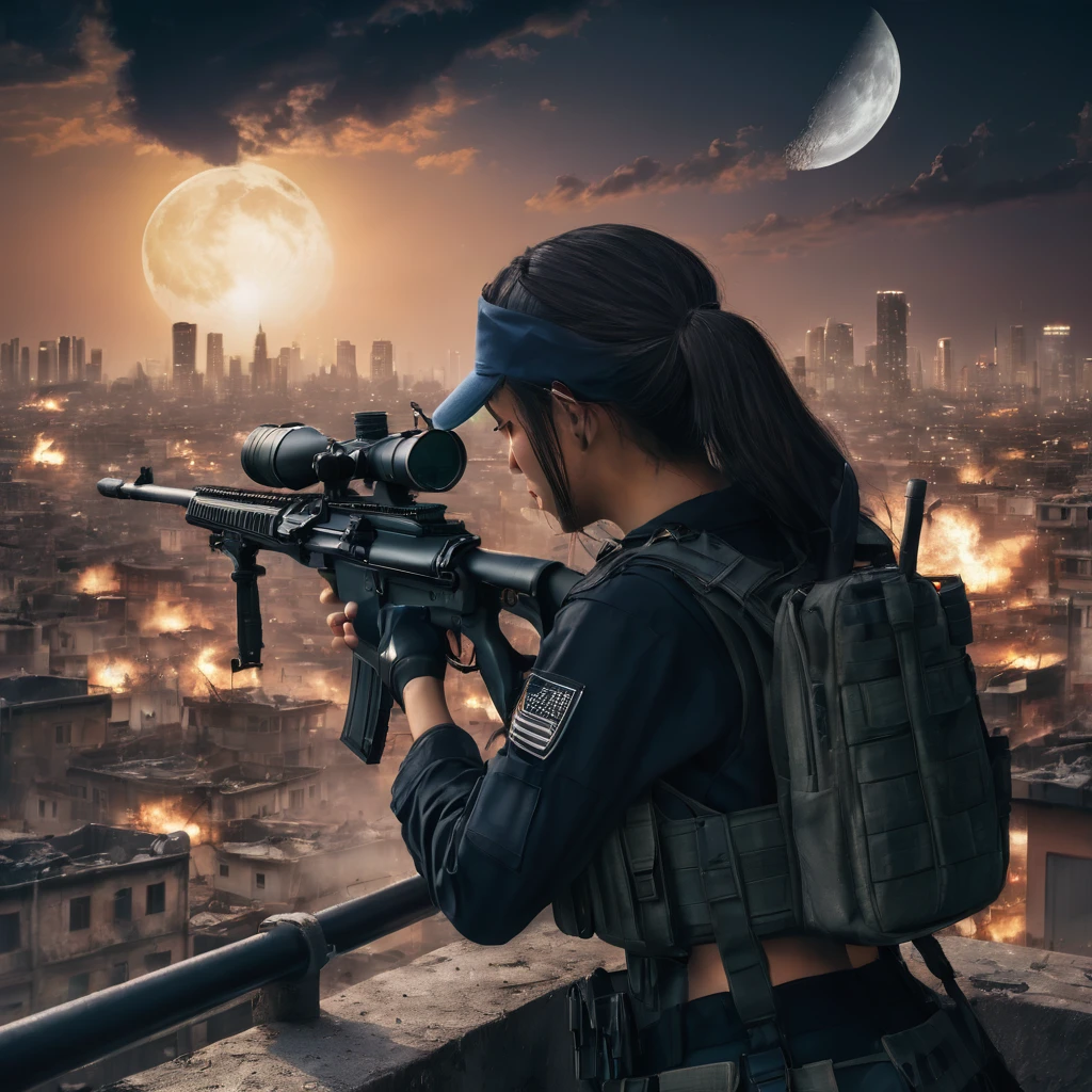 Highest quality, Highest quality, 16K, Unbelievably absurd, Very detailed, delicate and dynamic, Natural light, The particles reflect light, Diffuse reflection of light, Vortex of Light, war zone, bombs blusting around, dark outfield, ruined big city, roof top of ruined building, moon night, milky way, illumination, Create amazing image effects, Upper body close-up, (sole sexy girl, big Firm bust, , powerful, A professional sniper,, shooting a target with M16 auto rifle, swat uniform,)
