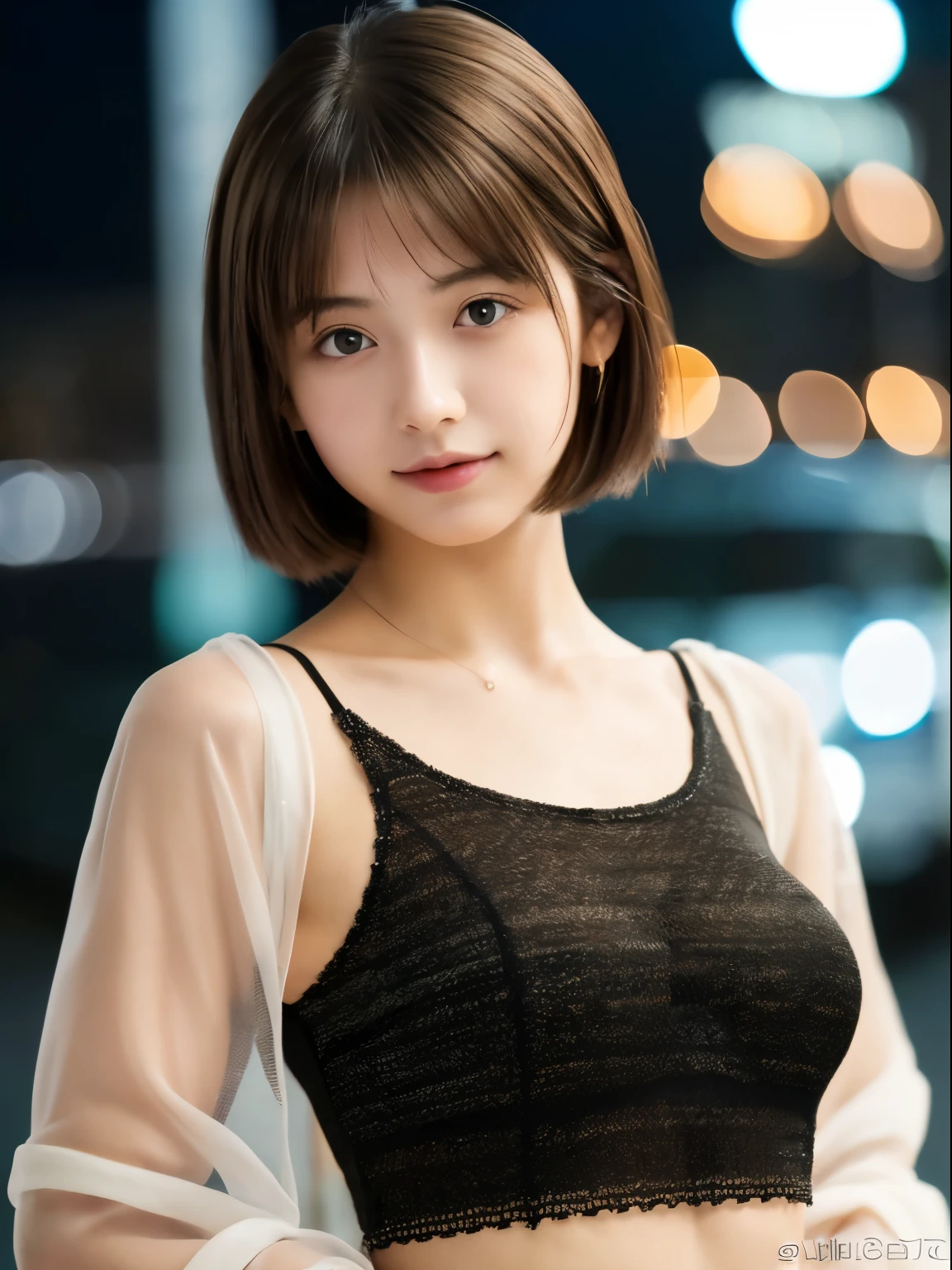 (8k, Top quality, Masterpiece:1.2), (Realistic, photo-realistic:1.37), Super detailed, perfect anatomy, cute, small eyes, sheer jacket, 18-years old, a Japanese, girl, tank top, night,