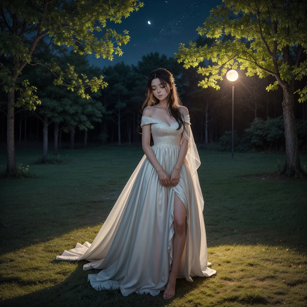 Under the canopy of a star-strewn sky, she stood alone on the edge of a tranquil meadow. The scene, captured with the utmost clarity and detail by a state-of-the-art camera, revealed every nuance of the moment. Her silhouette, framed by the silvery glow of the moon, faced away from me, her dark hair softly tousled by the gentle night breeze. The grass beneath her bare feet was cool and damp with dew, each blade meticulously rendered in the high-resolution image taken with a Nikon D850.
With one hand lightly resting on a weathered wooden fencepost, she leaned forward ever so slightly, her gaze fixed on the luminous orb suspended high above. The night around her was alive with the symphony of crickets and the occasional whisper of leaves stirring in the wind.
The moon bathed everything in its serene glow, casting long shadows that danced playfully around her. Her presence seemed both ethereal and rooted in the earth beneath her, as if she were a part of the nocturnal landscape that unfolded around her.
In that quiet moment, it felt as though she held a secret conversation with the moon itself, lost in contemplation or perhaps seeking solace under its celestial embrace. The world stood still, enveloped in the magic of the night, as she stood there, a solitary figure captivated by the beauty of the lunar spectacle.