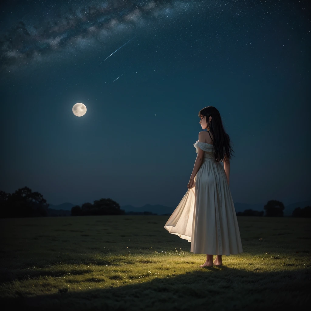 Under the canopy of a star-strewn sky, she stood alone on the edge of a tranquil meadow. The scene, captured with the utmost clarity and detail by a state-of-the-art camera, revealed every nuance of the moment. Her silhouette, framed by the silvery glow of the moon, faced away from me, her dark hair softly tousled by the gentle night breeze. The grass beneath her bare feet was cool and damp with dew, each blade meticulously rendered in the high-resolution image taken with a Nikon D850.
With one hand lightly resting on a weathered wooden fencepost, she leaned forward ever so slightly, her gaze fixed on the luminous orb suspended high above. The night around her was alive with the symphony of crickets and the occasional whisper of leaves stirring in the wind.
The moon bathed everything in its serene glow, casting long shadows that danced playfully around her. Her presence seemed both ethereal and rooted in the earth beneath her, as if she were a part of the nocturnal landscape that unfolded around her.
In that quiet moment, it felt as though she held a secret conversation with the moon itself, lost in contemplation or perhaps seeking solace under its celestial embrace. The world stood still, enveloped in the magic of the night, as she stood there, a solitary figure captivated by the beauty of the lunar spectacle.