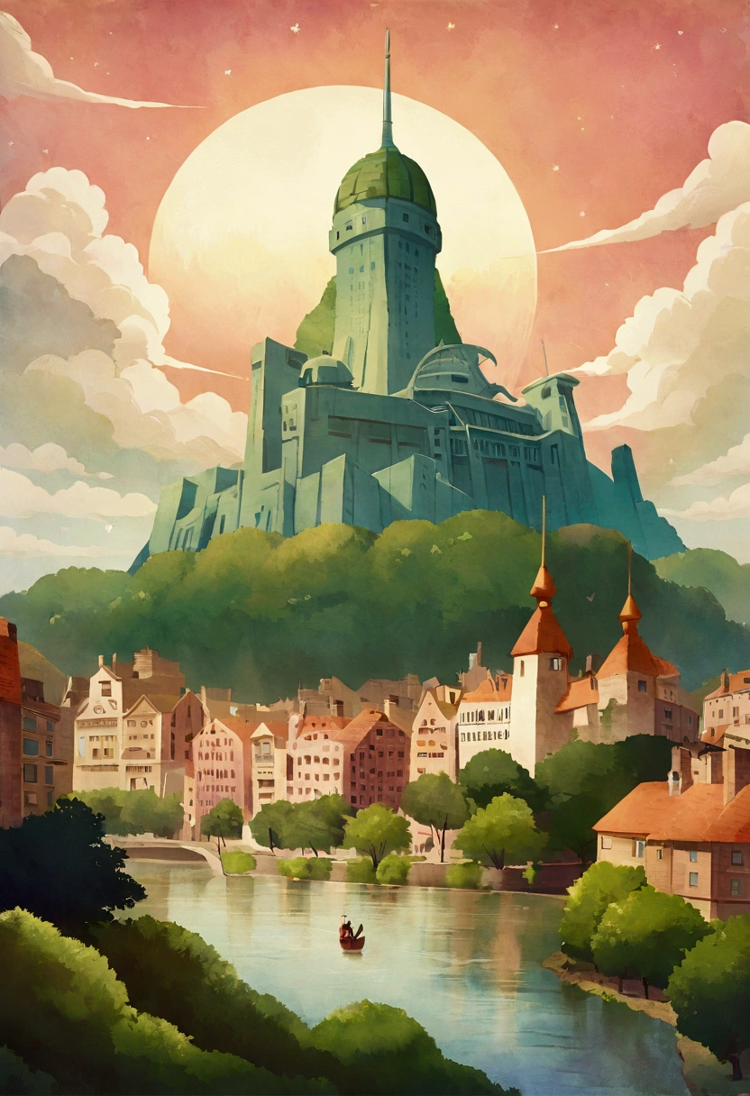 In the style of Studio Ghibli, create a high-quality animation scene featuring Nausicaä from Nausicaä of the Valley of the Wind alongside an Ohmu. The background should prominently feature the iconic Shibuya 109 building. Ensure the artwork captures the whimsical and detailed nature characteristic of Ghibli films.