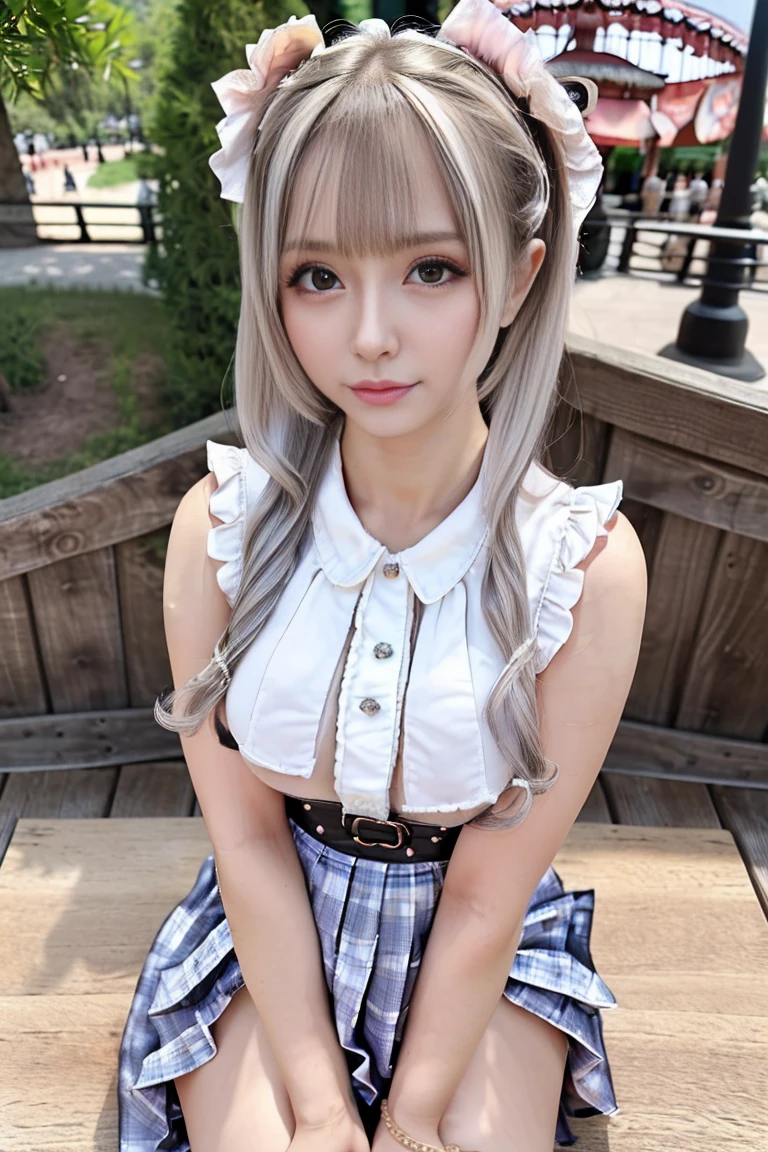 (masterpiece,best quality:1.4),Small Animal System,foreshortening,(8k,raw photo,photo realistic:1.2),realistic:1.4,anatomically correct,accurate,textured skin,shiny skin,shining hair,detailed skin,detailed face,detailed eyes,1girl,(((Japanese cute idol))),Intensely cute:1.3,small face (of a woman),cute face,(Very beautiful and clear baby skin detail,Realistic skin),(Very detailed eye sparkle:1.3),(Very detailed,Naturally breasts,,drooping eyes:1.4,),,(Very detailed Clear and beautiful breasts,),(Very detailed A happy girl, deep-tanned skin, 1 girl,),(Very Detailed long silver hair,Mine Trendy Clothing,minefield fashion,Mine makeup,accessories,Mine hairstyles,Fluttering ruffle mini skirt,open at the breast),(Very detailed Ferris wheel at an amusement park,safari park),(Very clear and beautiful background details:1.6,Realistic and accurate background:1.2),(Very detailed,,online shopping,LUMINE® Market,),upper body,pussy line:1.3,Front view:1.6,Taken from directly below:1.5,embarrassment:1.3,low angle,low position,,cowboy shot,,,POV,Very detailed show panties:1.5,sit on a chair,nsfw,open legs:1.3,spread legs:1.2,