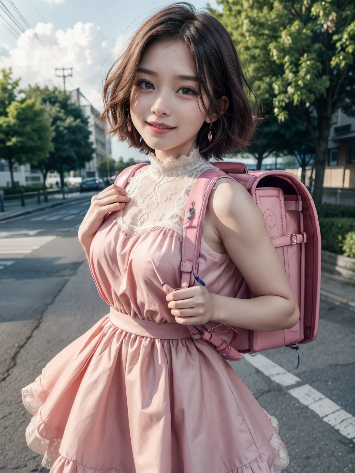 Masterpiece, hd, a woman on the street corner with dress on, best quality, 1girl, large breasts, day, bright,  outdoor, (street:0.8), (people, crowds:1), (lace-trimmed dress:1.5, sleeveless dress, pink clothes, high-neck dress:1.2, cute dress: 1.5), summer dress, gorgeous, (short hair, forehead:1.2), beautiful detailed sky, earrings, (dynamic pose:1.2), (upper body:0.8), soft lighting, wind, shiny skin, smile,wearing randoseru backpack, (randoseru backpack:1.2)