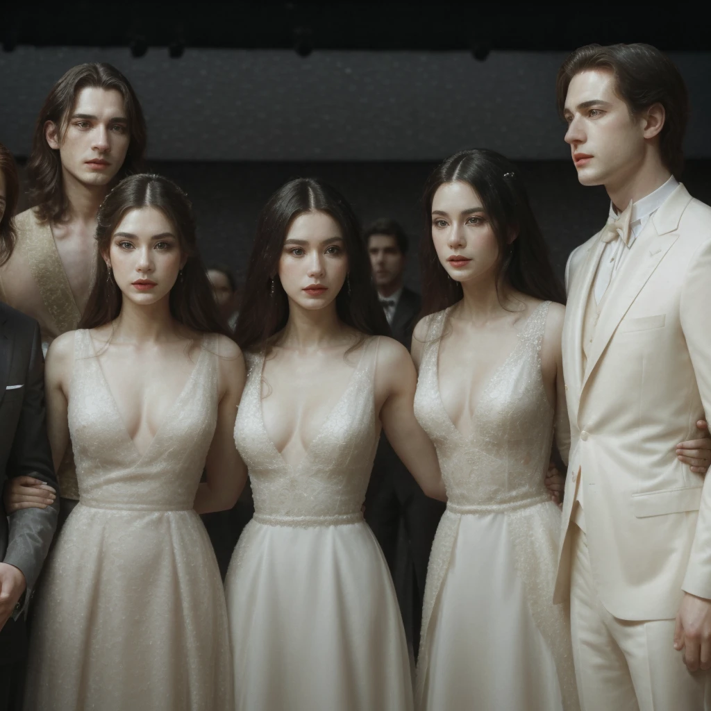 Three men and three women are standing on the opera stage, the three men are wearing black suits and the three women are wearing elegant long white dresses, close up, realistic photo