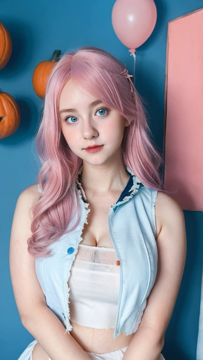 Gorgeus Girl, Beautiful, Baby Face, 20 Years Old, White Skin, Colossal Breasts, ((Anime Cosplay Coatumes)), Pastel Colour, Blue Eye, Halloween Background, Masterpiece, Pink Hair, Sleeveless, Front Fancing, ((Potrait:1.1)), ((Torn:1.2))