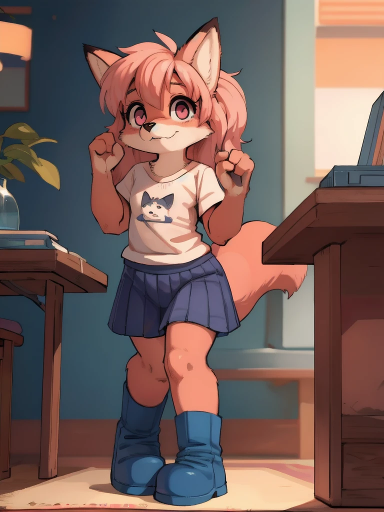 toddler, chibi, art by dagasi, Uploaded to e621.net, (Pixelsketcher), (wamudraws), (masterpiece), (HD), (high res), (feet visible), (furry anthro), (detailed fur), (detailed shading), (beautiful render art), pink hair, long hair, fluffy ears, small snout, anthro, (toddler fox), furry, (light pink fur), fox ears, (simple eyes, pink eyes), [(slim figure, flat chest, skinny)], (curvy hips), wearing a pink short-sleeved t-shirt, and blue skirt, light blue boots, wiggling his tail, playing innocently 