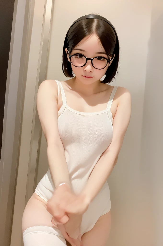 (masterpiece, Highest quality, It captures a very cute moment, Depth of written boundary, Super detailed, Ultra-high resolution, C4D, Octadale, 3D Modeling,Realistic human photos、 8k, 16K, One Girl,, 、Small breasts,Black Hair,short hair,Straight Hair,Light brown eyes,White headband,Wearing black glasses,Cute Face), Bloomers, Black tank top, zettai ryouiki, Wet clothes,Classroom Nights,Moonlight, Good elevator, Take off、Real-life skin、Not an anime、Realistic、